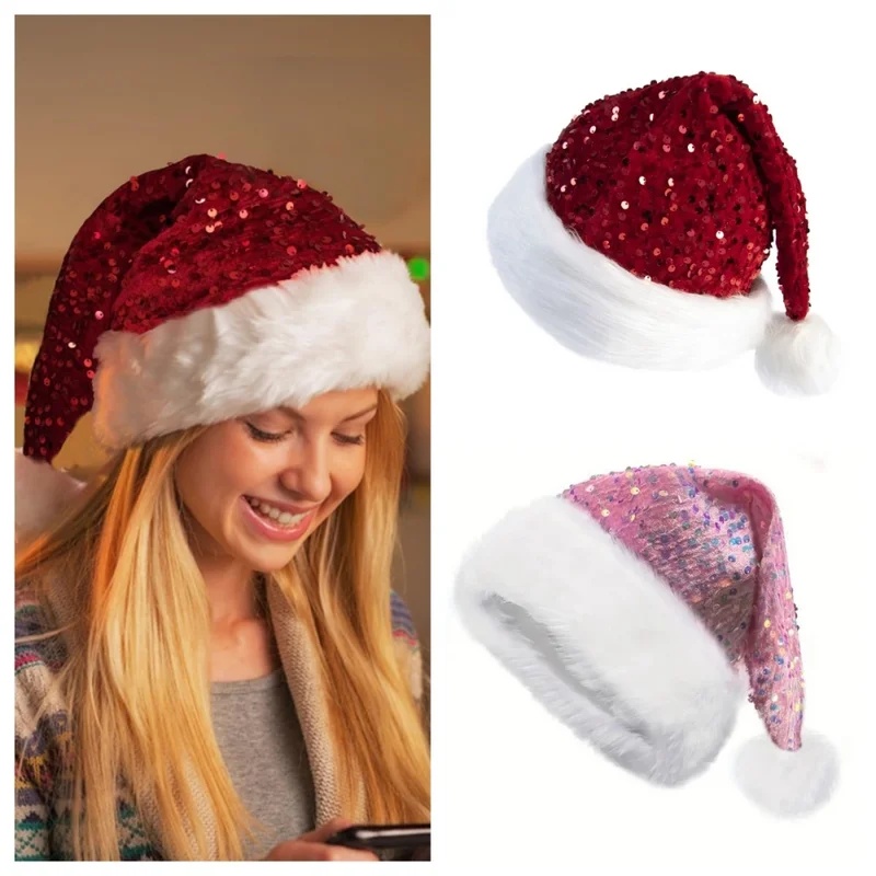 Santa Hat Plush - Двухслойная новогодняя шапка с пайетками, плюшевая